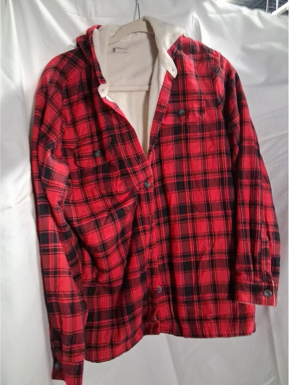 LL Bean Button-Up Shacket Medium Womens Fleece Lined Flannel Hoodie N2